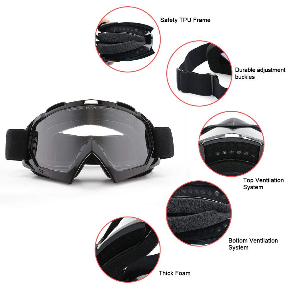 SPOSUNE Motorcycle Goggles - MX Off Road Racing, Anti-Scratch, UV400, Medium, Black & Clear Lens, Model MT-003