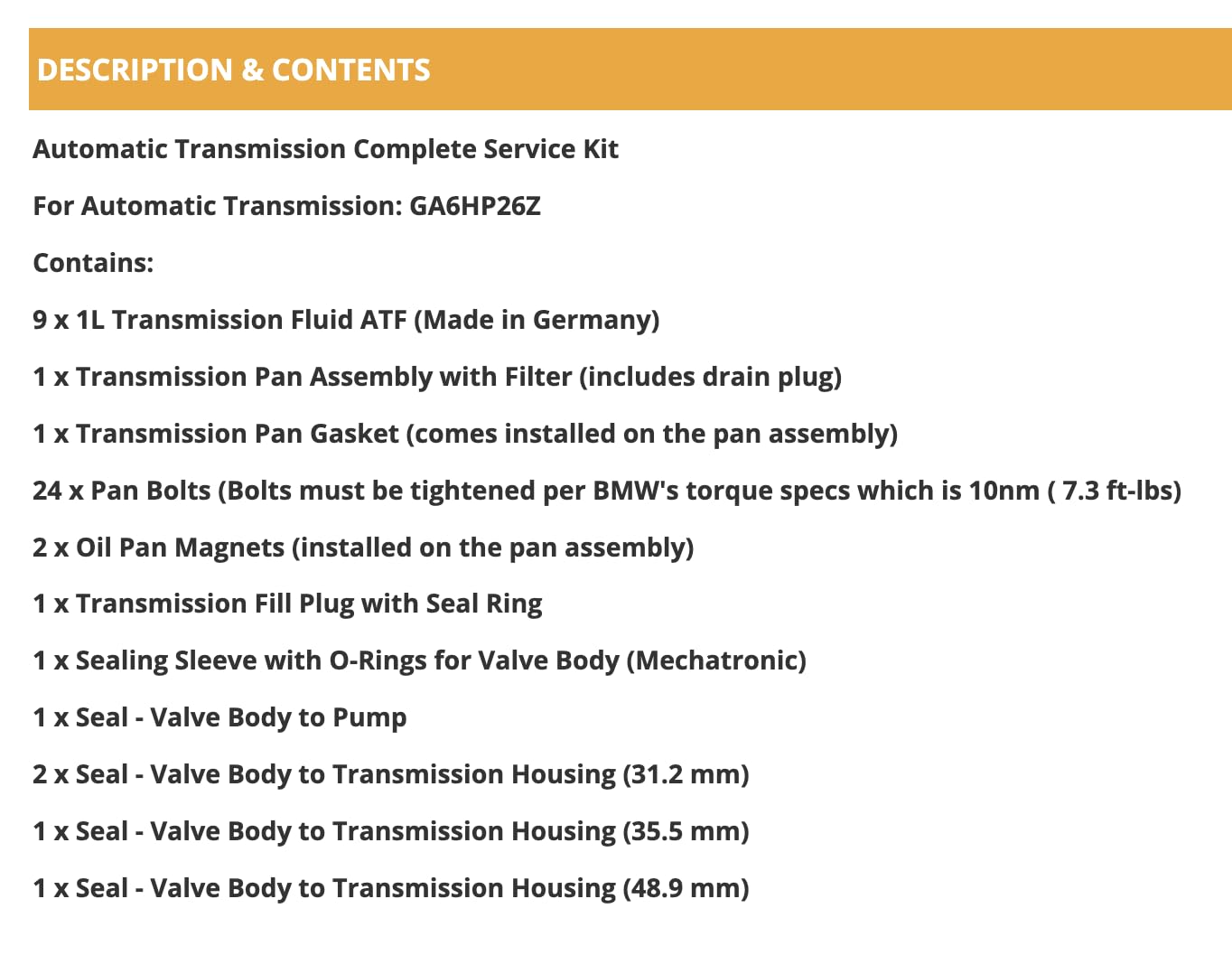 Complete Auto Transmission Service Kit 9L ATF, Pan Filter Assembly, Seals & Bolts for BMW select models 6HP19