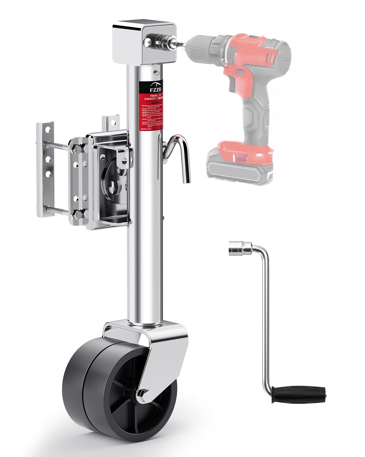 FZZD 2000lbs Trailer Jack with Dual Wheel, 20-24V Cordless Drill Compatible, 12 Lift, for RV Boat