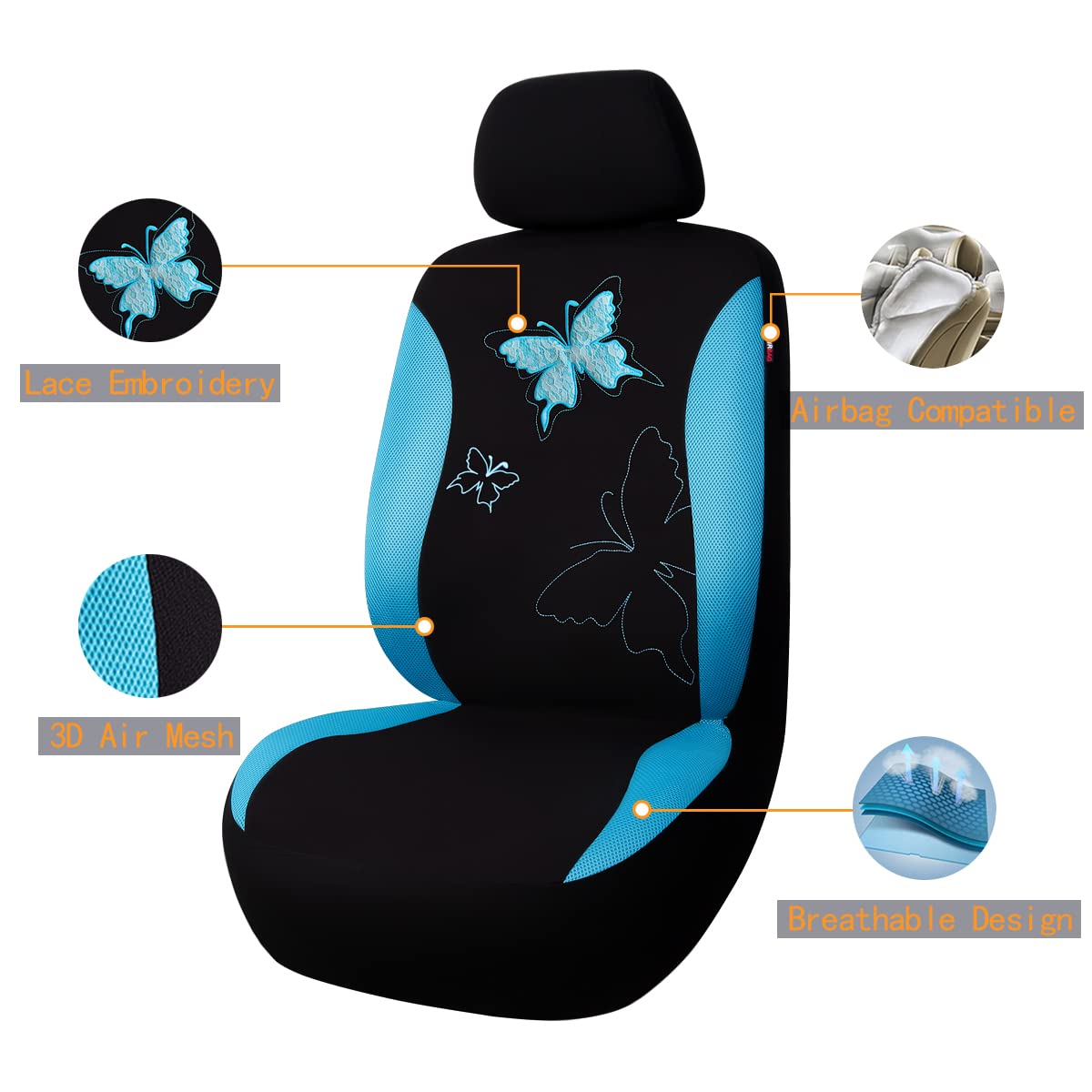 Flying Banner Butterfly Car Seat Covers Ful Set Fashion Universal Lady Woman Female Rear Bench Split Colorized (Mint Blue, 2 Fronts - Lace)
