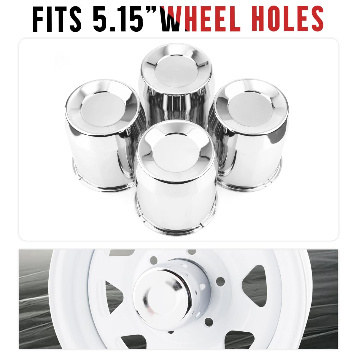 RTRHINOTUNING 4PCS Chrome Push Through Center Caps, 5.15" Center Hole, 6.46" Height, Carbon Steel, Model 74221CHx4
