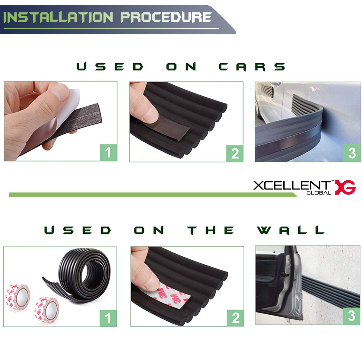 XCELLENT GLOBAL XG Car Door Dent Protector - Soft Magnetic Guard Strip, 2m, Black, Model S-AT007, Removable for Garage Parking