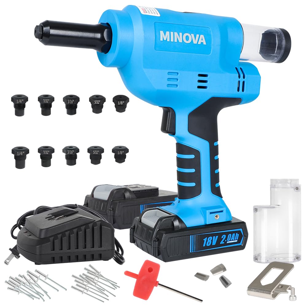 Minova RIVETER7 Brushless Rivet Gun, Cordless 18V Tool with 4.0Ah Battery, Compatible with 1/4" Stainless Steel Rivets, Carrying Case