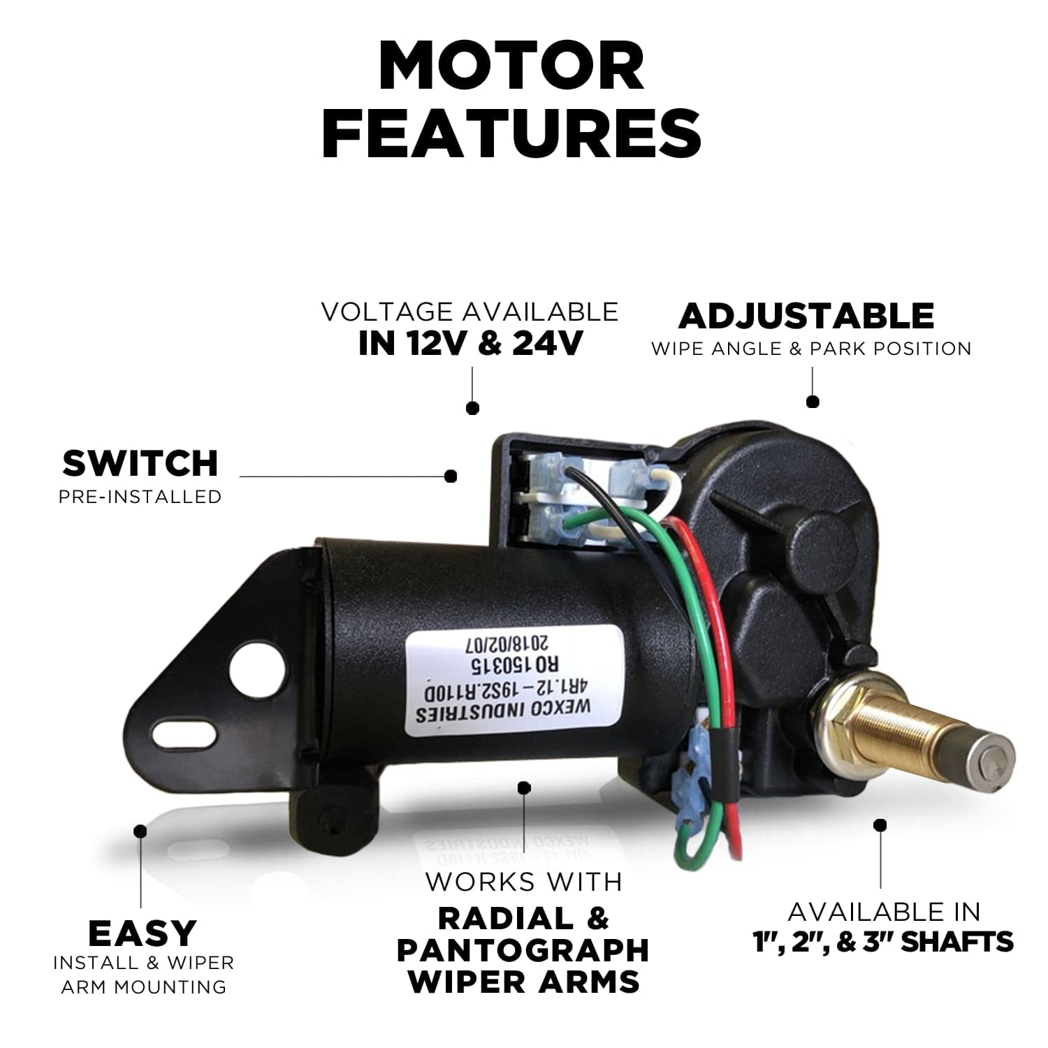 AutoTex Wexco Wiper Motor, 12V Two-Speed, 2.5" Shaft, Metal, Model 4R2.12-19S2.R110D, Switch Included