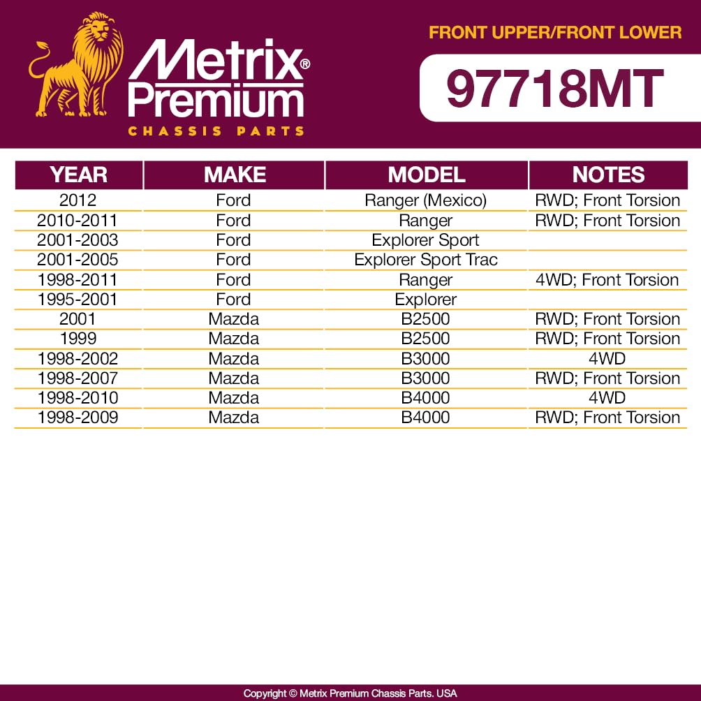 Metrix Premium Chassis Parts - 4 Pc Front L/R Upper Control Arm & Front Lower L/R Ball Joint Kit Fits 10-11 Ford Ranger, 01-03 E