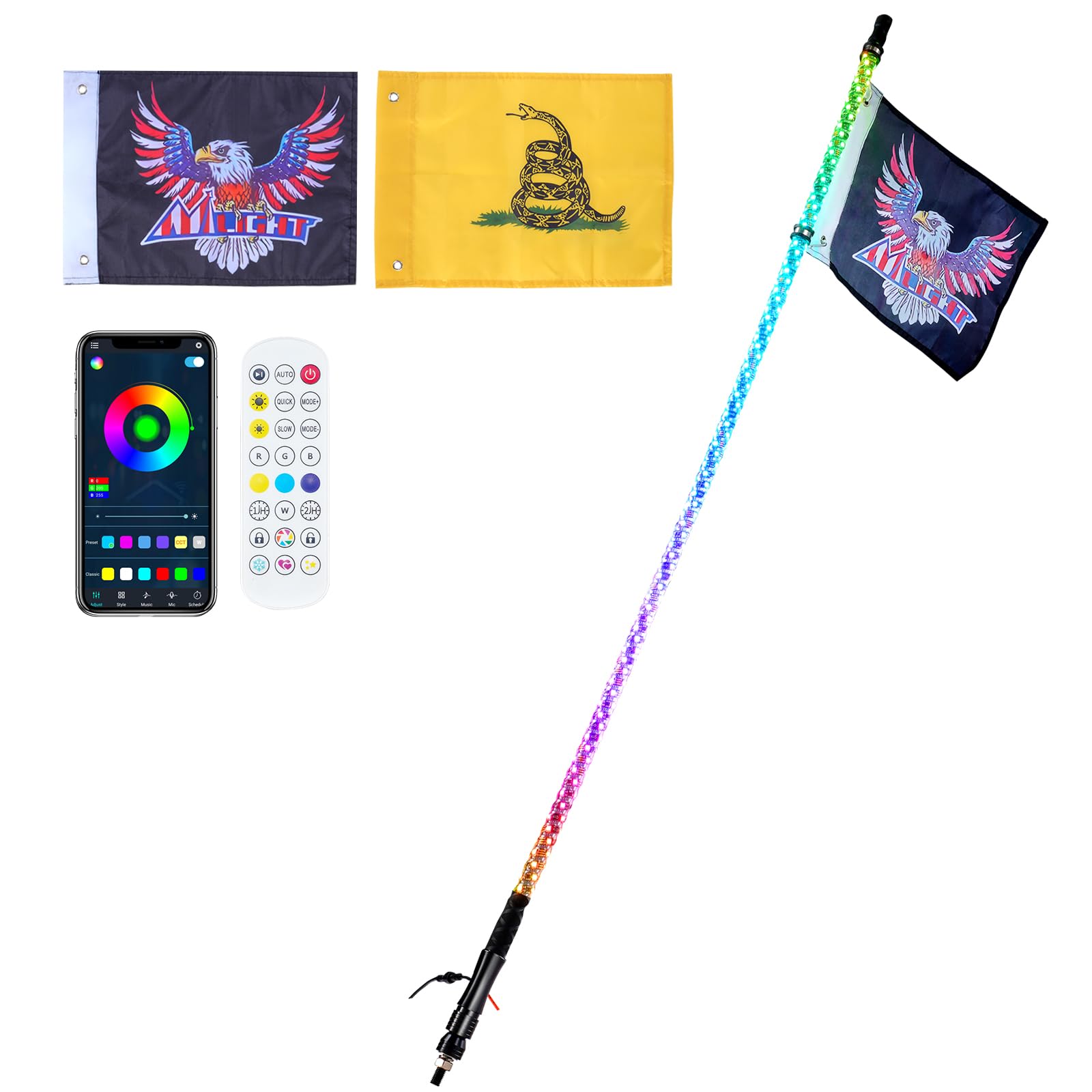 2 PCS 3 FT Whip Light, Waterproof 360 Spiral RGB Chasing Lighted Whips with 4 Flags, for UTVs, ATVs, Motorcycles, RZR, Can-am, T