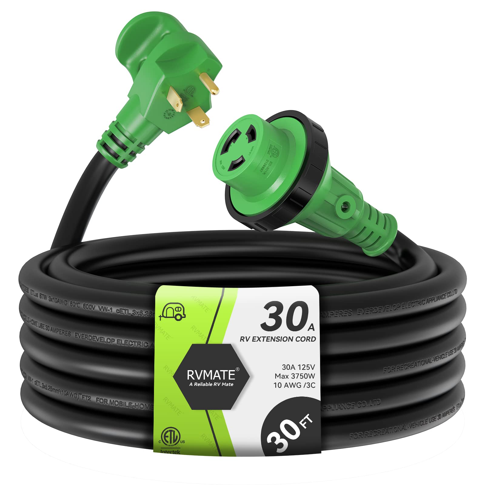 Rvmate 30 Feet 30 Amp Rv Lockable Power Extension Cord With Easy Plug-In Handle, Tt-30P To L5-30R, Led Indicator, 10 Awg, Etl Li