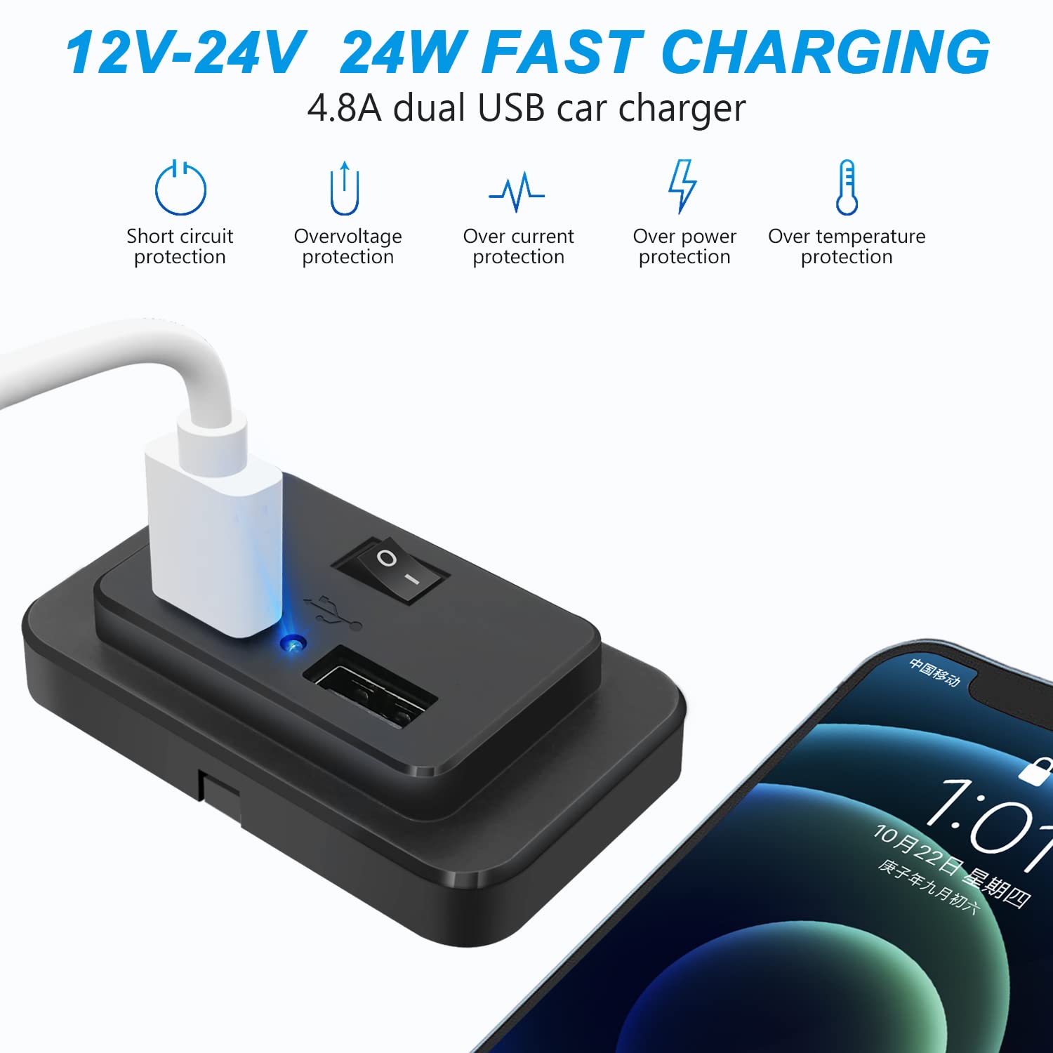 On/Off Switch Rv Usb Outlet 4.8A 12V 24V Dual Usb Power Outlet Wall Charger Socket For Bus Boat Atv Vehicle With Indicator