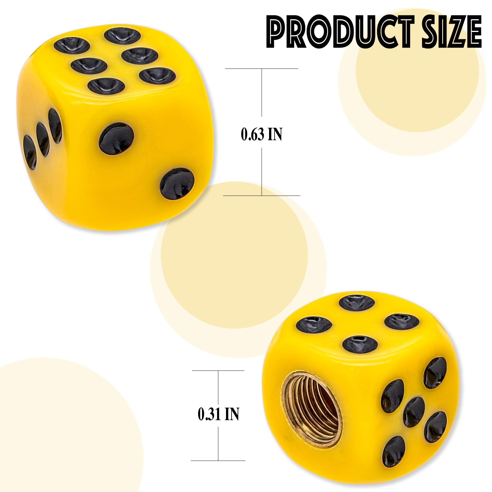 MEAJOO 4PCS Dice Tire Valve Stem Caps - Waterproof ABS Plastic - Yellow-Black - Universal for Cars, SUVs, Trucks, Bikes, Motorcycles