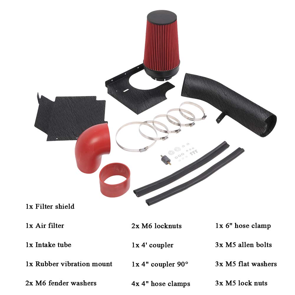 Moosun 4 Inches Performance Cold Air Intake Kit With Filter & Powder Coated Intake Tube Pipe For 99-06 Gmc Chevy 1999 2000 2001 2002 2003 2004 2005 2006 V8 4.8L/5.3L/6.0L (Black&Red)