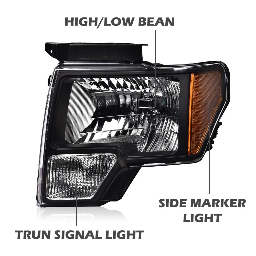 PIT66 Headlight Headlamp Assembly for Ford F150 2009-2014, Halogen, Clear Lens, Black Housing, Amber Reflector