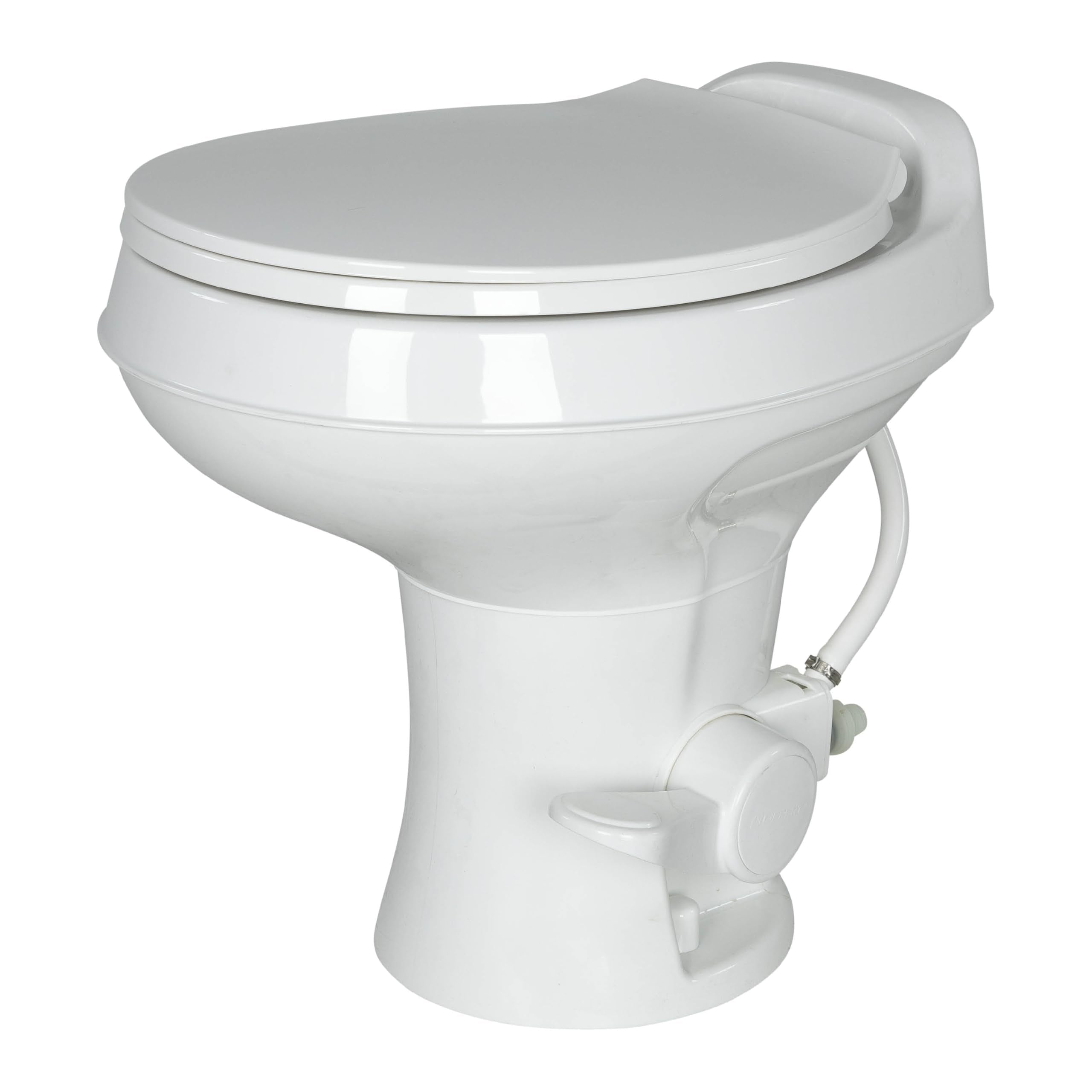 Flow Max White RV Camper Toilet with Round Plastic Bowl, 18 Standard Profile, Full-Size Residential Seat, Soft-Close Lid, Effici