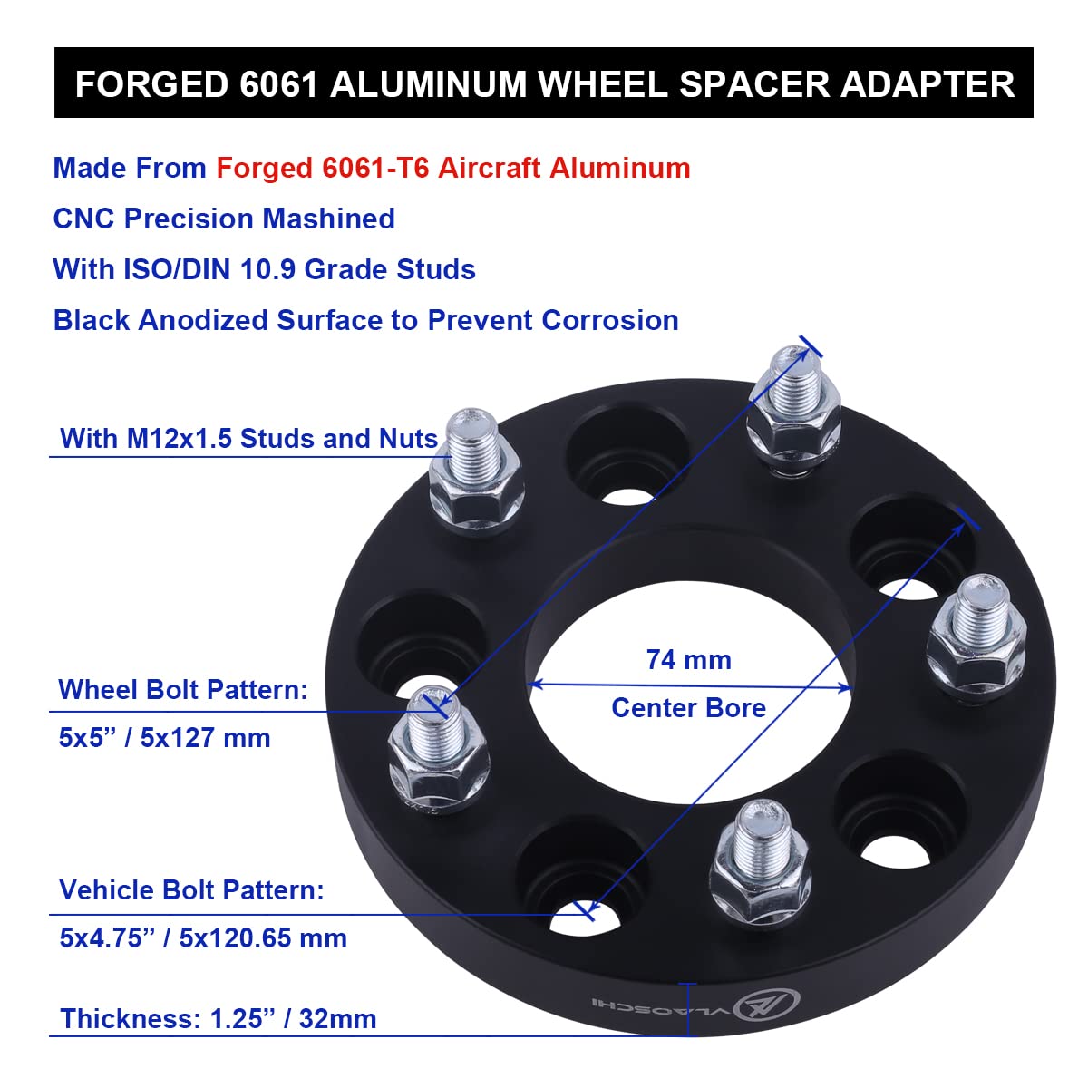 VLAOSCHI 5x4.75 to 5x5 Wheel Adapters, 1.25 Inch, Black, Pack of 4, Compatible with Chevy Camaro Corvette El Camino S10