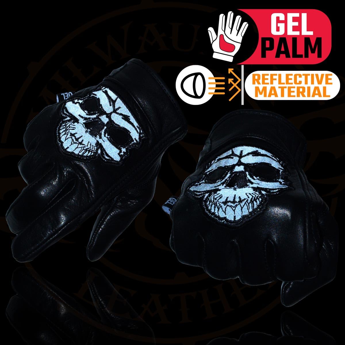 Milwaukee Leather Men'S Black Leather Reflective Skull Motorcycle Hand Gloves W/Gel Padded Palm Mg7570 - Medium