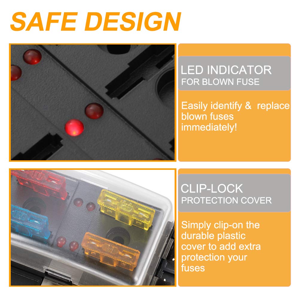 BUNKER INDUST 4-Way Blade Fuse Box with LED Indicator for Blown Fuse,Fuse Block Holder Box with Protection Cover for Car Boat Ma