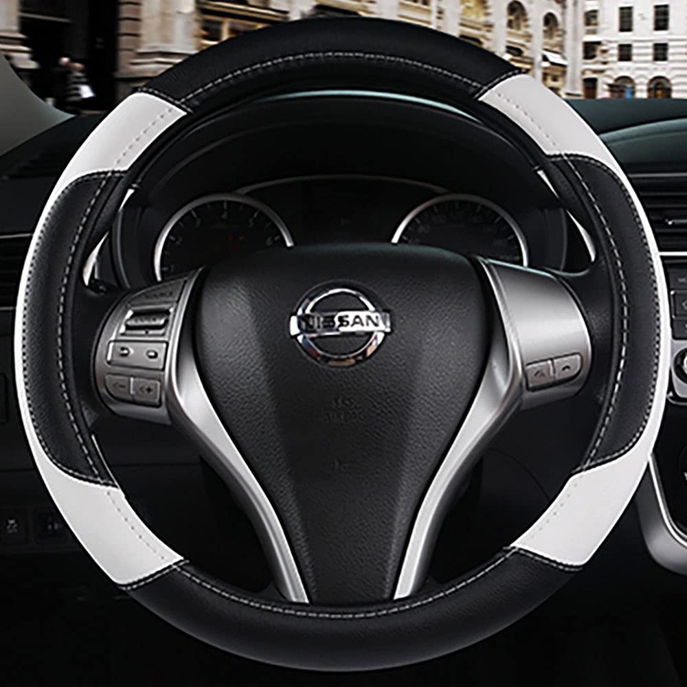 Leather Car Steering Wheel Cover, Non-Slip Car Wheel Cover Protector Breathable Microfiber Leather Universal Fit For Most Cars(W