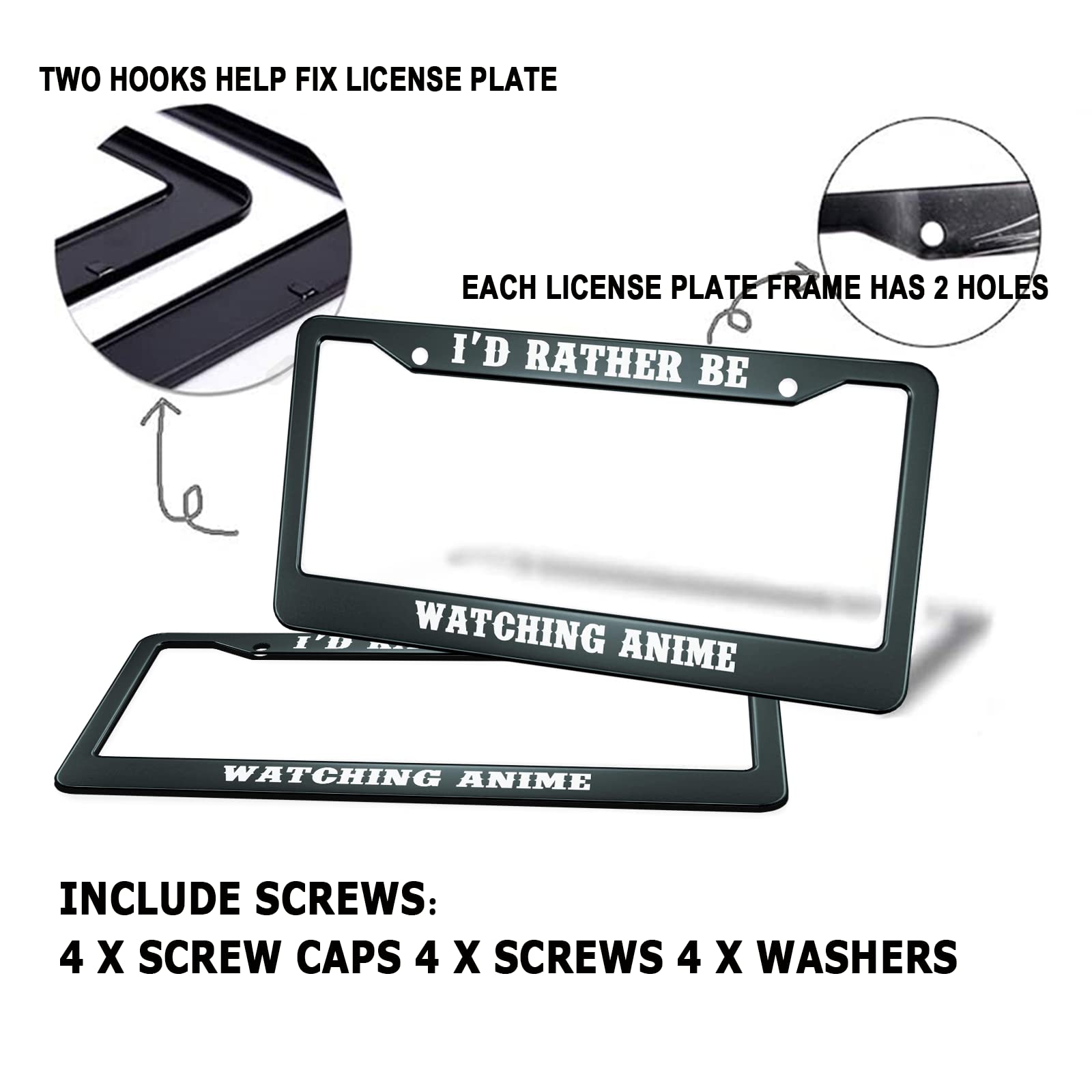 Hosnye I'D Rather Be Watching Anime License Plate Frame Black 2 Pcs Metal Cute Licenses Plates Frames Licenses Plate Covers Car