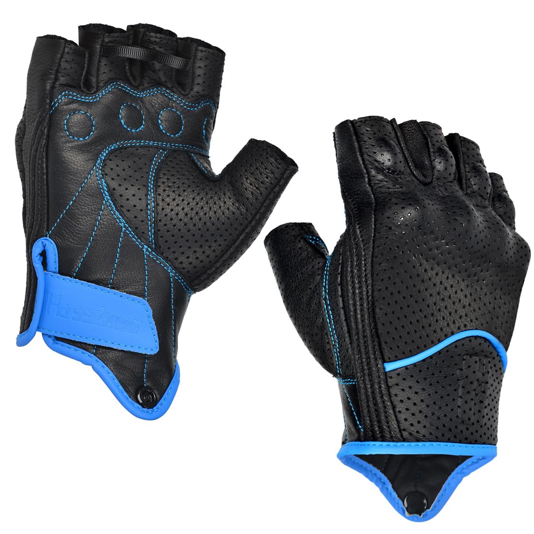 Harssidanzar Men's Motorcycle Gloves Leather Perforated Motorbike Riding Driving Gloves CM044US, Black/Blue, Size Small