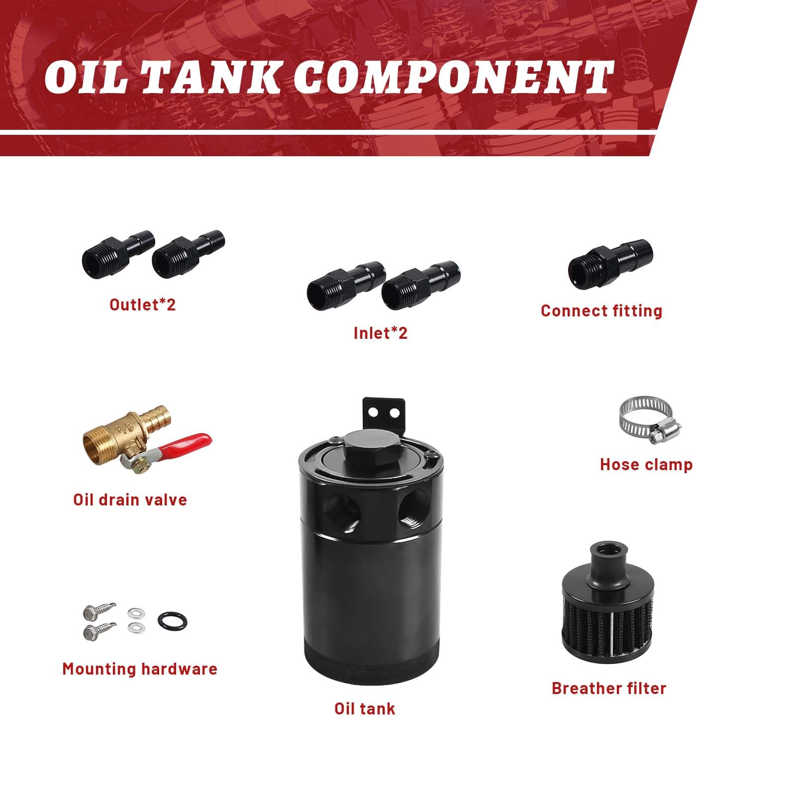 Universal Baffled Oil Catch Can with Breather Filter and Drain Valve 2 Ports (oulet + inlet),150ml Billet Aluminum Oil Separator