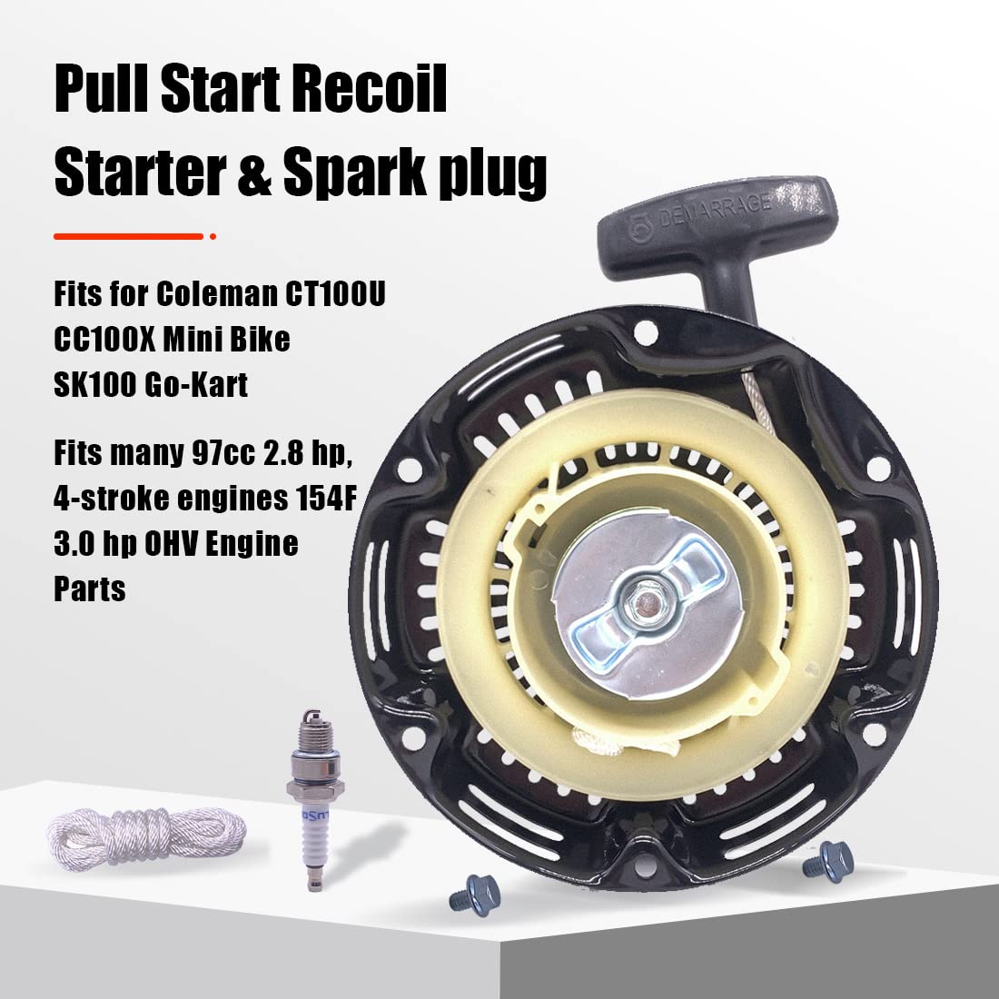 Aniro Moto Pull Start Recoil Starter for Coleman Mini Bikes & Go-Karts, Model CT100U, Black, 97cc, 2.8 HP, Includes Spark Plug