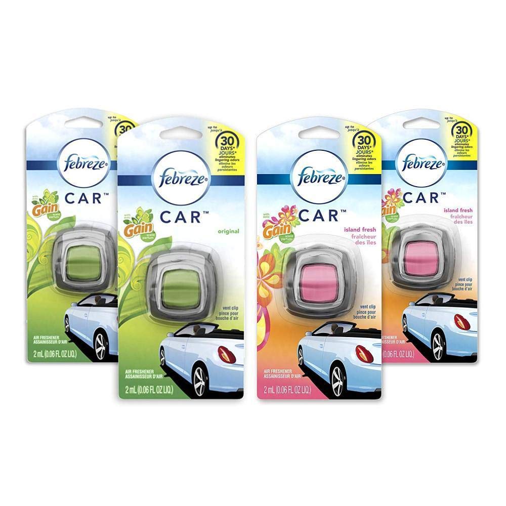 Febreze Car Air Freshener, 2 Gain Original And 2 Gain Island Fresh Scents, Odor Eliminator For Strong Odors (4 Count)