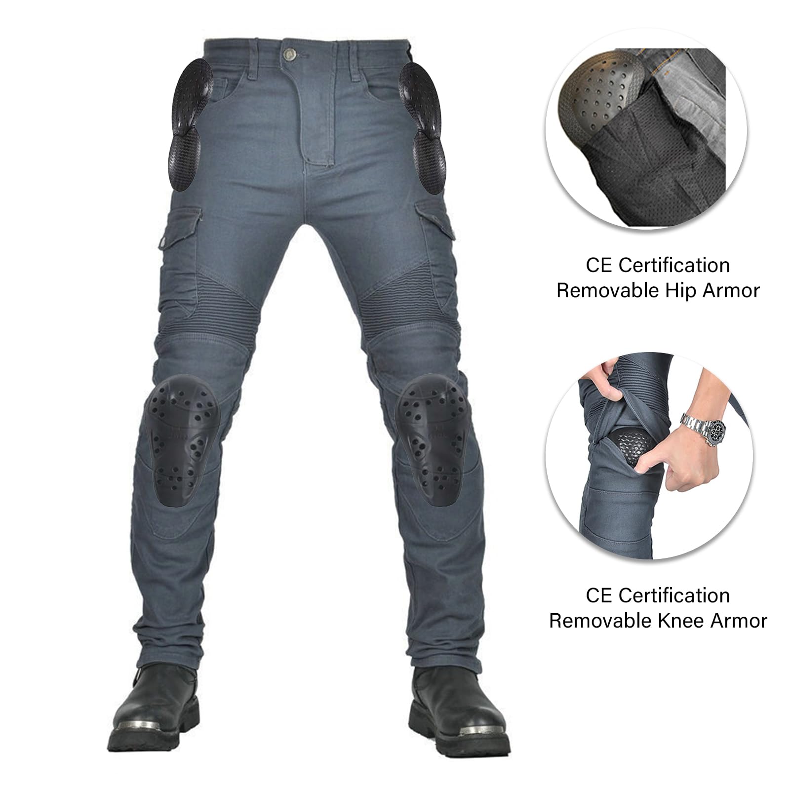 LOMENG Motorcycle Pants Motorbike Riding Denim Jeans Biker Motocross Pants with CE Removable Armored for Men Grey 3XL