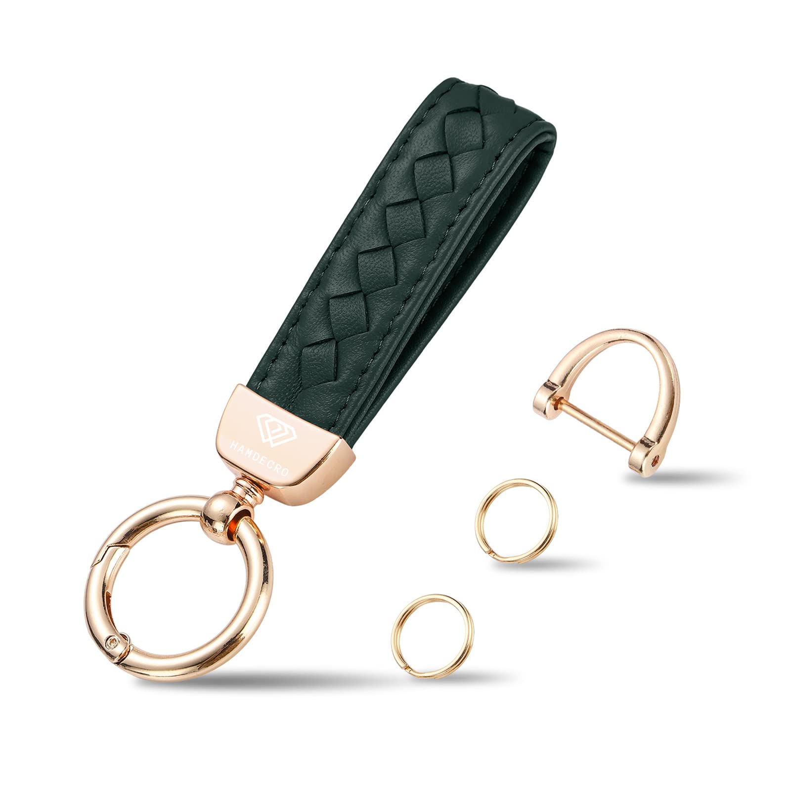 Hamdecro Genuine Leather Keychains, Handmade Knit Sheepskin Car Key Chains For Women, Universal Key Fob Holder With 360 Degree Rotatable, Anti-Lost D-Ring, 2 Keyrings And 1 Screwdriver - Green