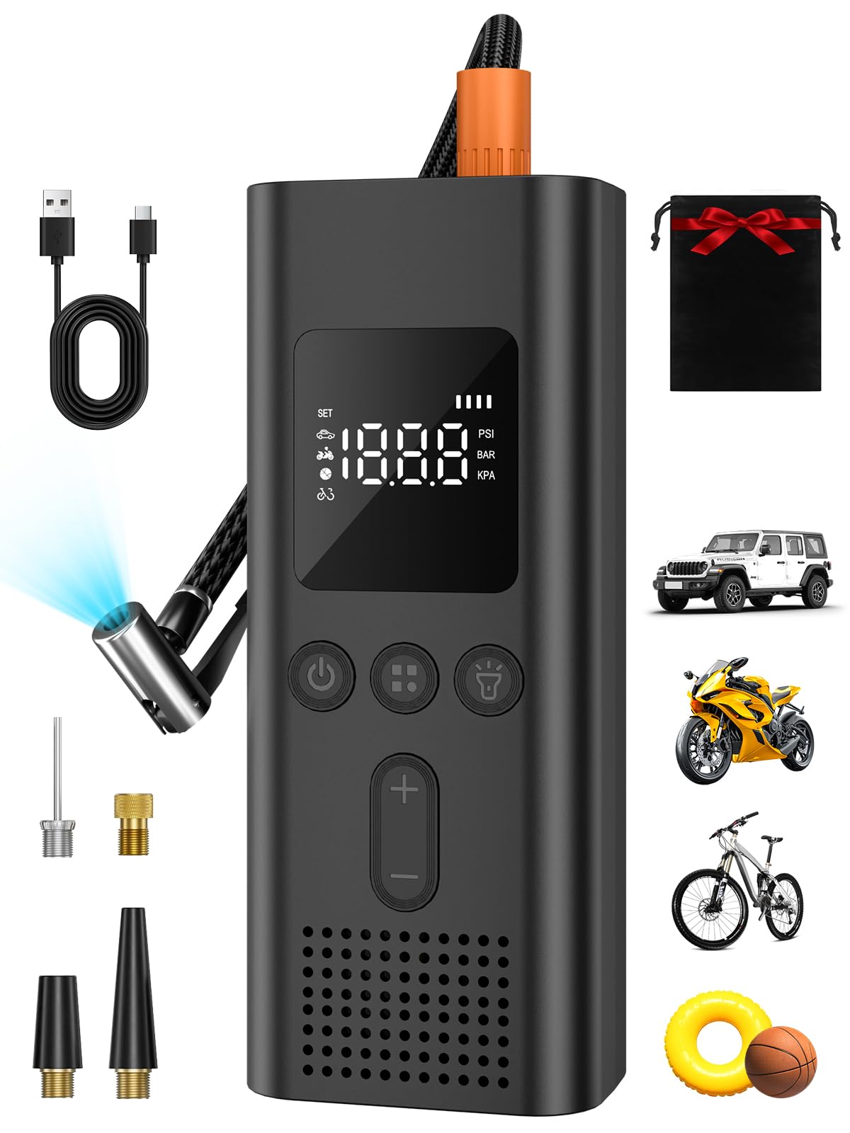 AIRSURE Tire Inflator Portable Air Compressor, 150 PSI Fast Inflation Cordless Air Pump with LED Light, Auto Shut-Off, Rechargea
