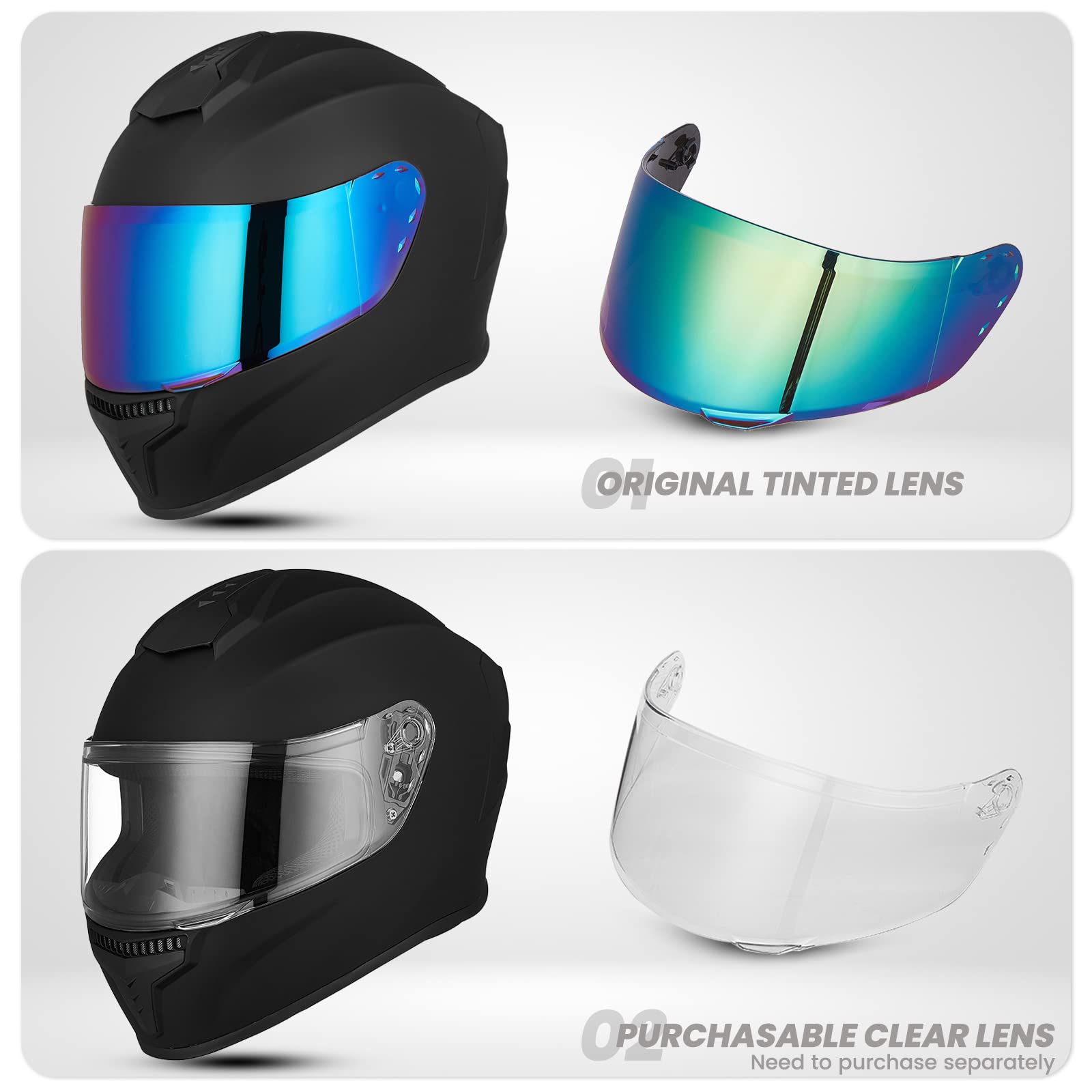 Auboa Full Face Motorcycle Helmet DOT Approved for Men & Women, XL, Matte Black, Model MD-813, ABS Material, Tinted Visor