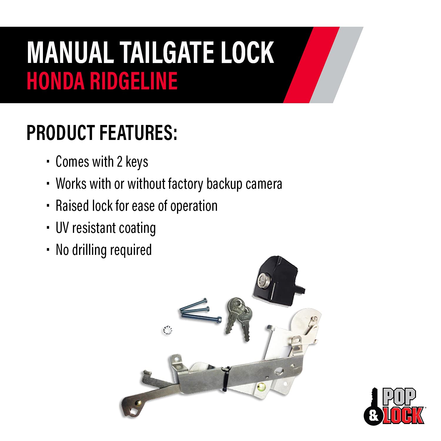 Pop & Lock Pl6100 Black Manual Tailgate Lock For Honda Ridgeline (Works With/Without Factory Backup Camera)