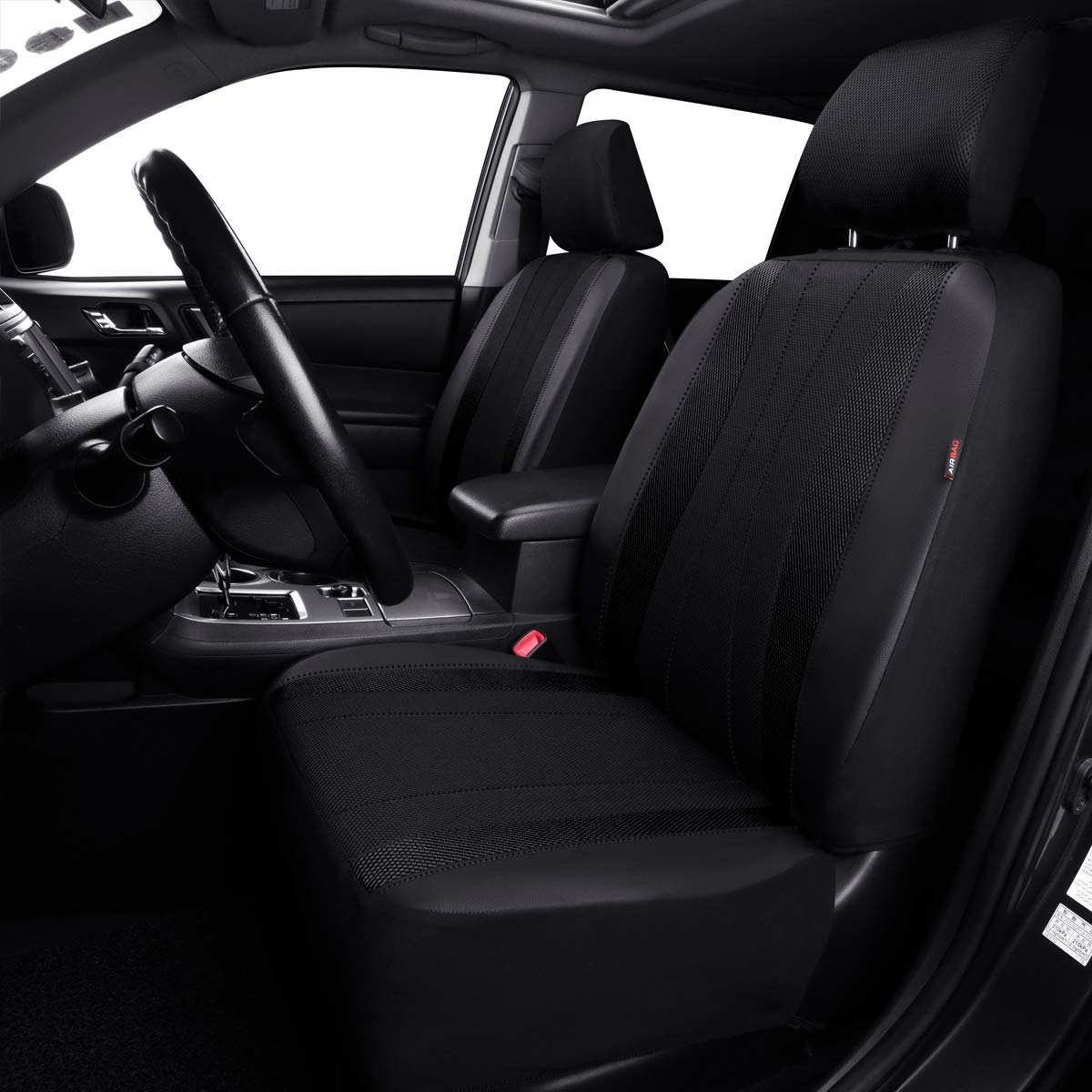 Flying Banner Car Seat Covers Full Set Faux Leather Air Mesh Breathable Man Lady Airbag Compatible Rear Bench Split 40/60 50/50 60/40 Truck Pick Up (Full Set - Low Back, Black Black)