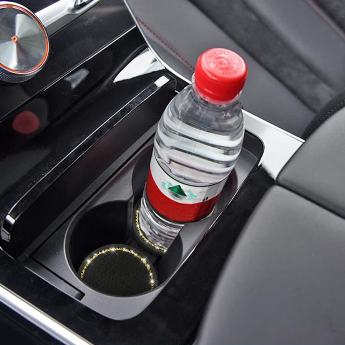 Car Cup Holder Coaster, 2 Pcs Universal Bling Crystal Rhinestone Car Accessories 2.75 Inch Auto Anti Slip Cup Holder Insert Mat Pad Set,Suitable For Most Car Interior (Black/Yellow)