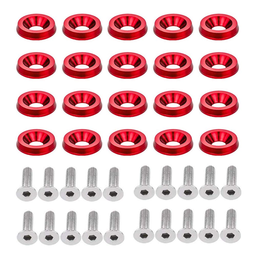 20Pcs Fender Bumper Washer Bolt M6X20Mm 6061 T6-Grade Cnc Billet Aluminum Washer Engine Bay Dress Up Fastener Kit (Red)