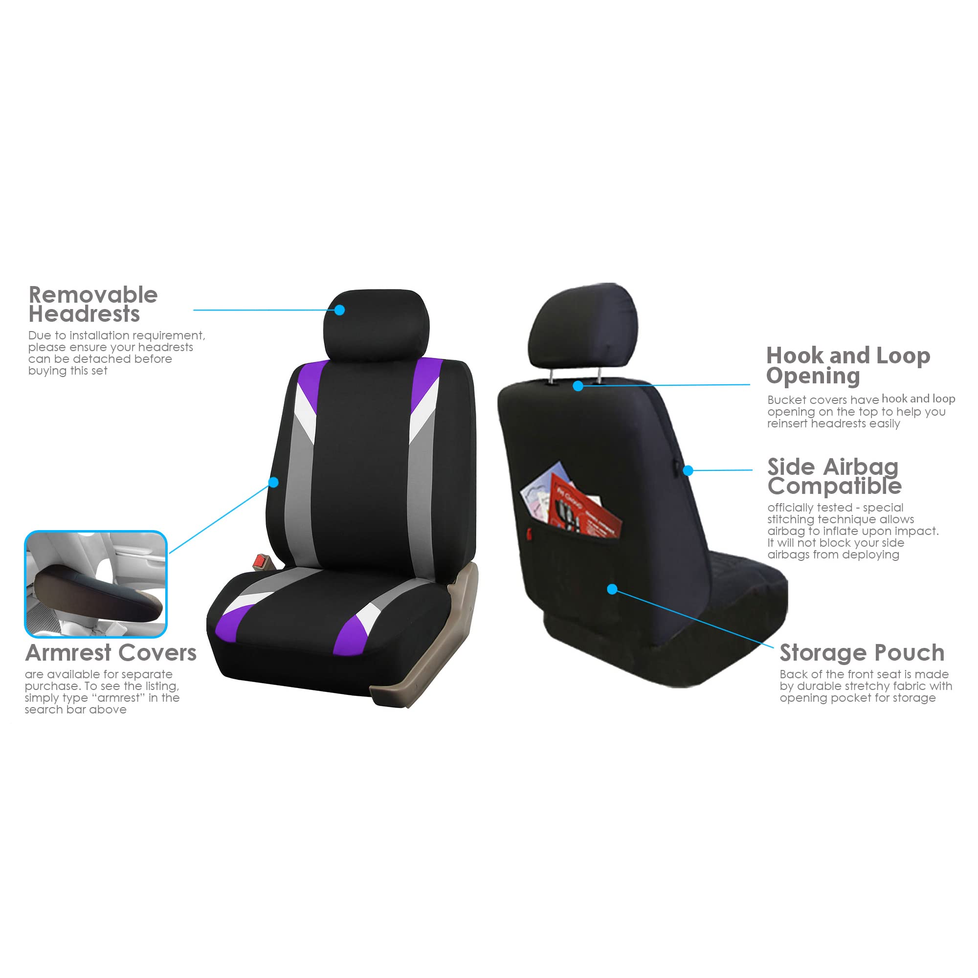 Fh Group Front Set Cloth Car Seat Covers For Low Back Car Seats With Removable Headrest, Universal Fit, Airbag Compatible Seat C