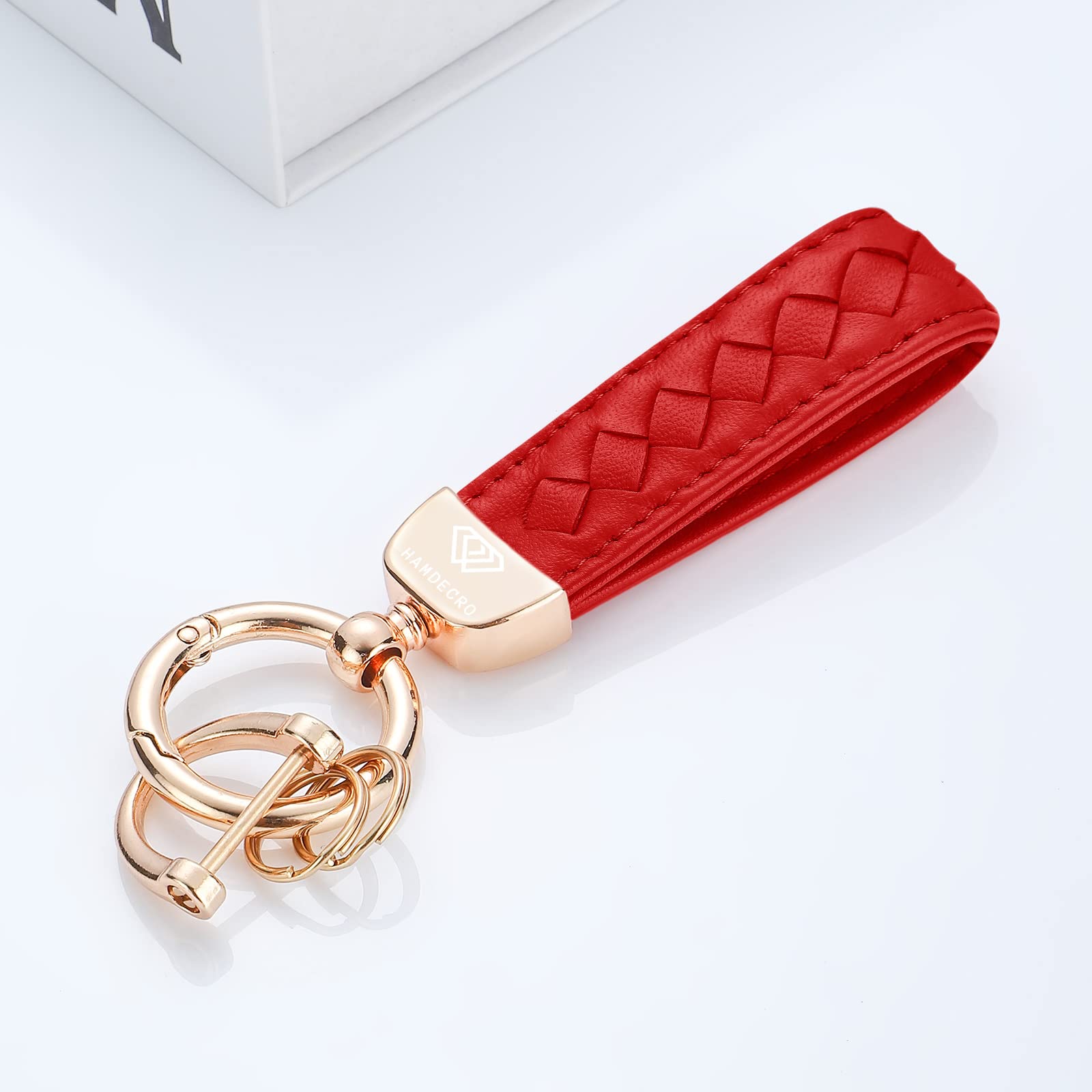 Hamdecro Genuine Leather Keychains, Handmade Knit Sheepskin Car Key Chains For Women, Universal Key Fob Holder With 360 Degree Rotatable, Anti-Lost D-Ring, 2 Keyrings And 1 Screwdriver - Red