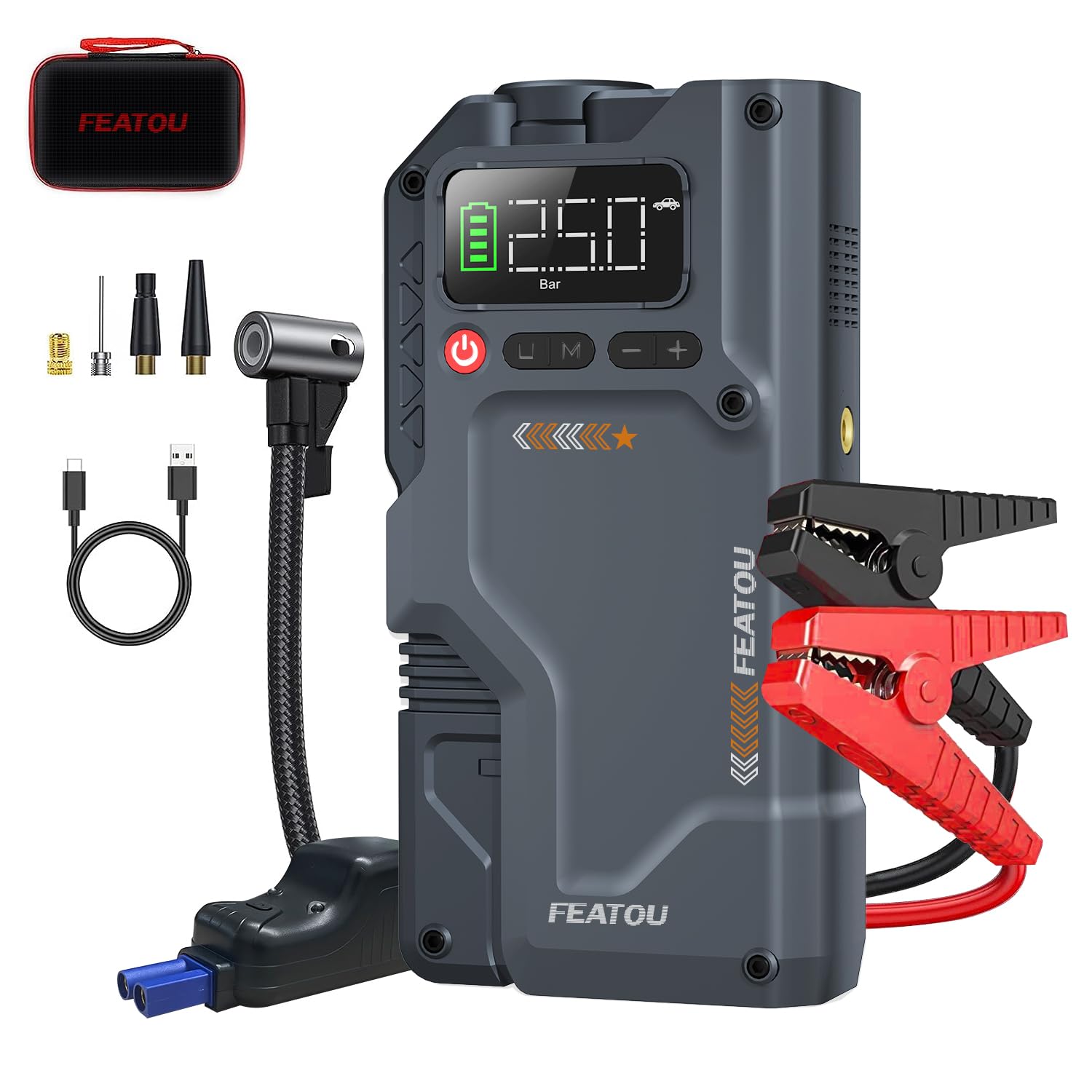 Featou Jump Starter with Air Compressor, 5 in 1 Functional Jump Box 3000A Peak Battery Power Pack with 150PSI Digital Tire Infla