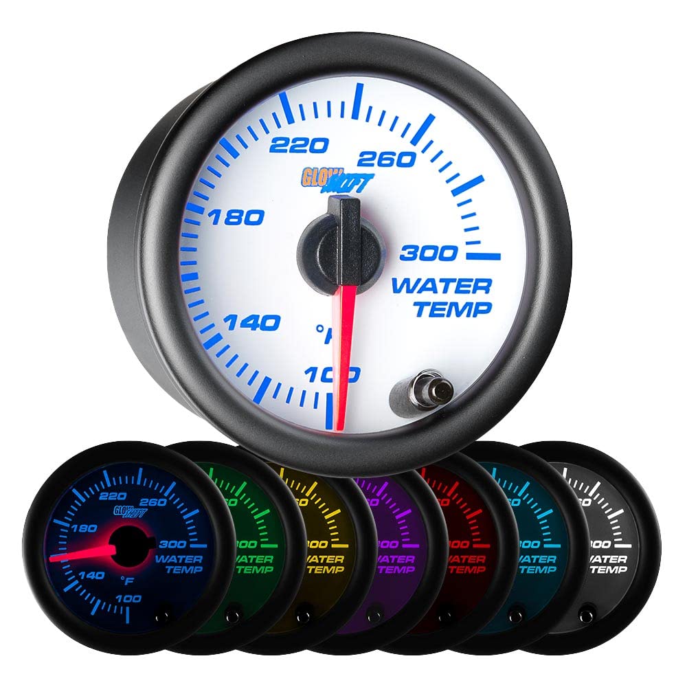 Glowshift White 7 Color 300 F Water Coolant Temperature Gauge Kit - Includes Electronic Sensor - White Dial - Clear Lens - For C