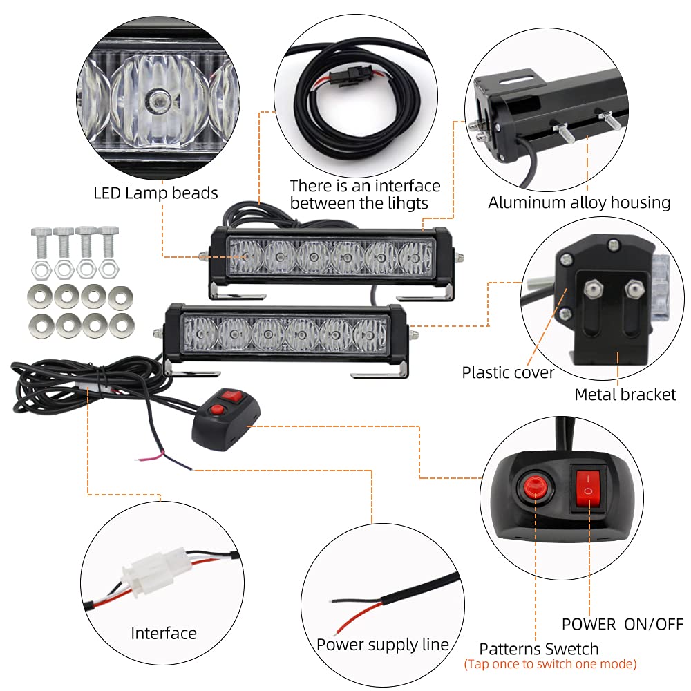 STDYSUN LED Emergency Strobe Light Bar 2Pcs - Red Blue Change White, Aluminum, Model 3E, Surface Mount for Motorcycle, Utility, Tow Truck