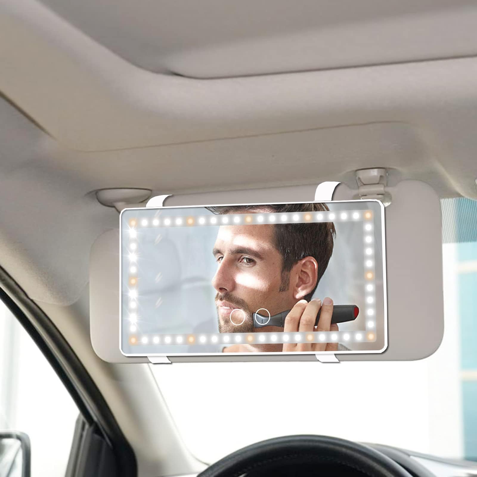 Car Sun Visor Vanity Mirror, Rechargeable Makeup Mirror With 3 Light Modes & 60 Leds - Dimmable Clip-On Rear View Sun-Shading Co