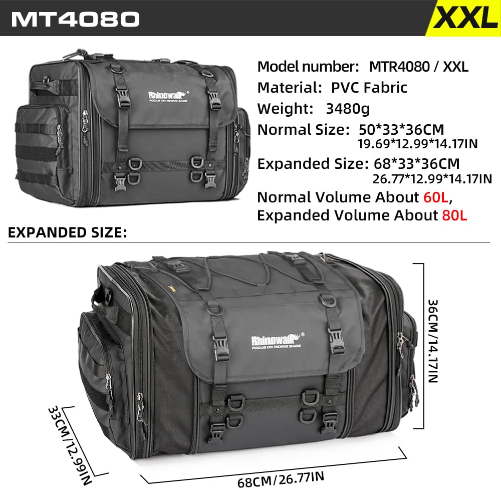 Rhinowalk Motorcycle Tail Bag, Expandable Motorcycle Travel Luggage Bags 80L, Waterproof All-Weather Trunk Rack Bag With Sissy B