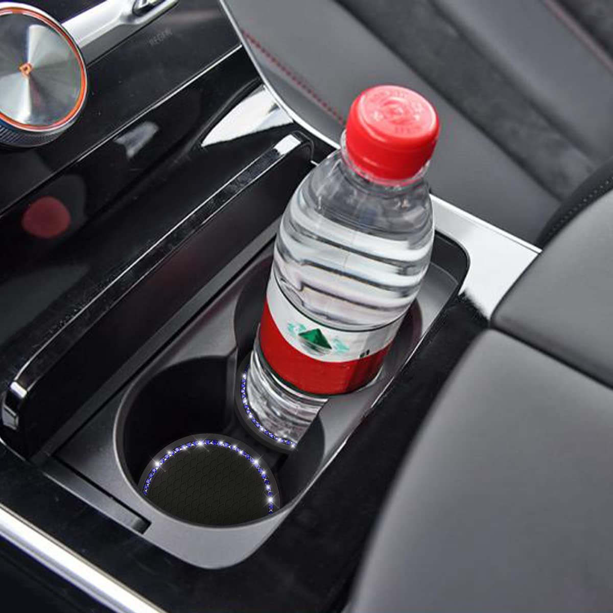 Car Cup Holder Coaster, 2 Pcs Universal Bling Crystal Rhinestone Car Accessories 2.75 Inch Auto Anti Slip Cup Holder Insert Mat Pad Set,Suitable For Most Car Interior (Black/Deep Blue)