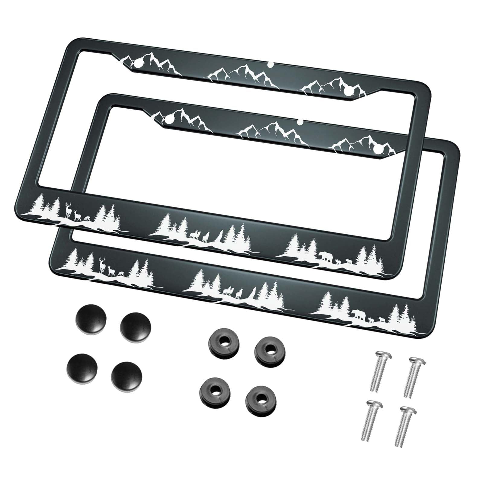 HOSNYE Mountains License Plate Frame Black 2 Pcs Deer Bear Wolf and Fox Silhouette of Wild Animals Metal Licenses Plates Frames 