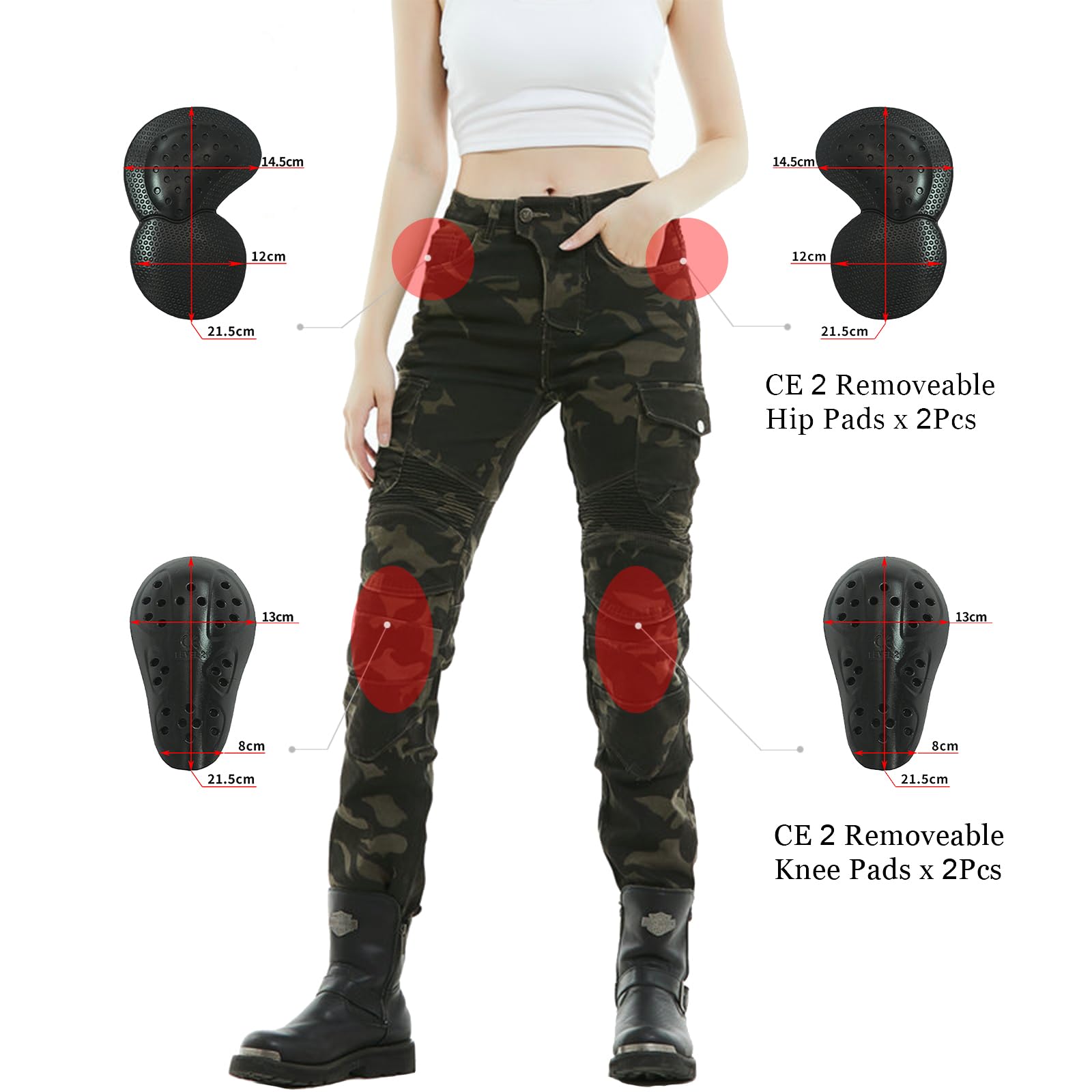 LOMENG Motorcycle Riding Pants Motorcycle Jeans Slim Fit with CE Knee Hip Removable Protectors Armor for Women Camouflage XXS 25