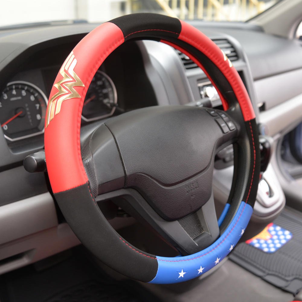 BDK Wonder Woman Steering Wheel Cover - Faux Leather, Universal Fit 14.5-15.5", Red, White, Blue, Model WBSW-1904