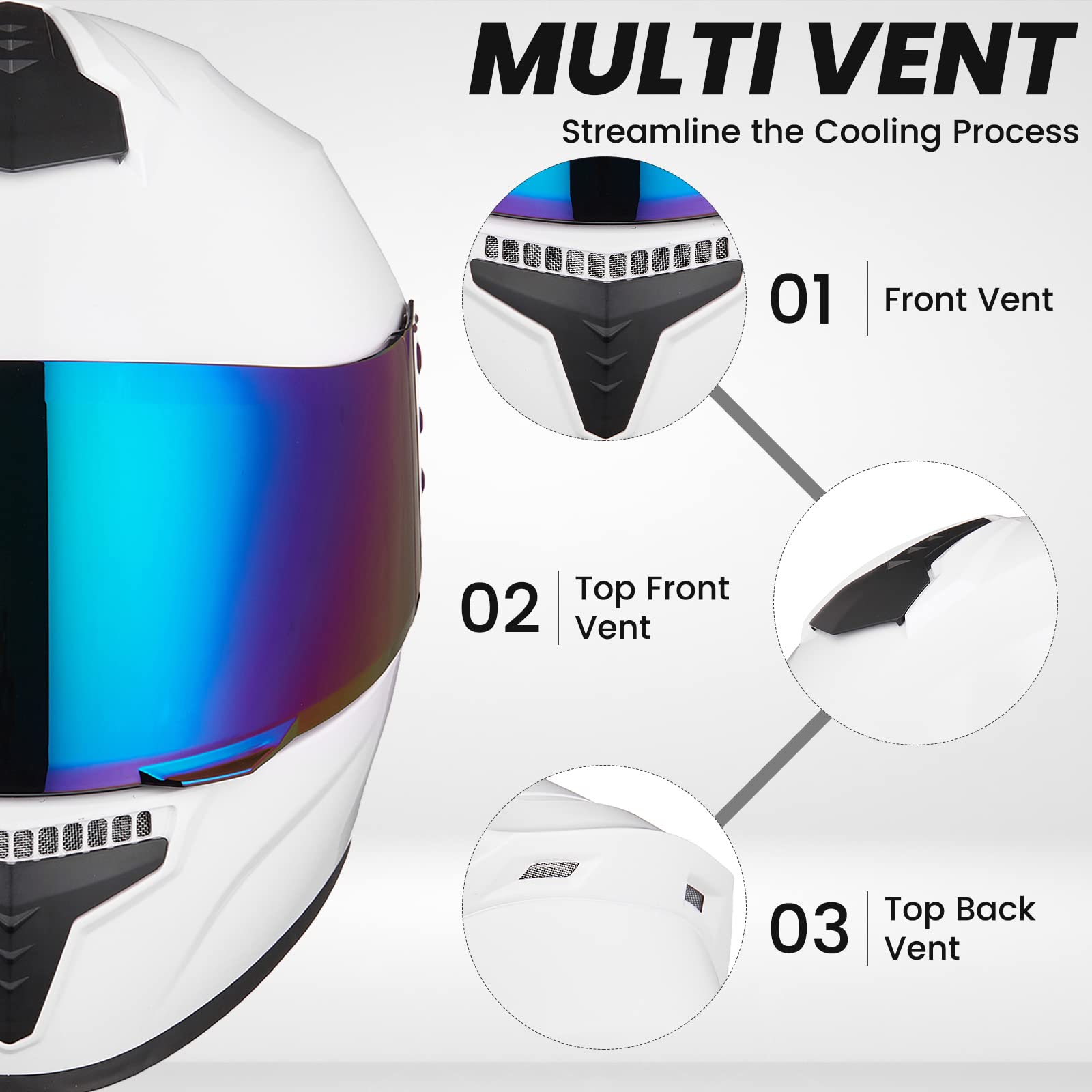 Auboa Full Face Motorcycle Helmet MD-813, DOT Approved, Small, White, ABS Material, Tinted Visor for Men and Women