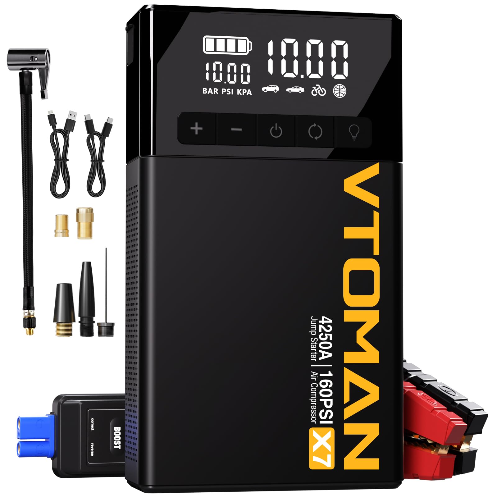 VTOMAN X7 Jump Starter & Air Compressor, 4250A, 160PSI, 9.06x5.12x1.97 inches, Black, Portable Lithium Battery Charger