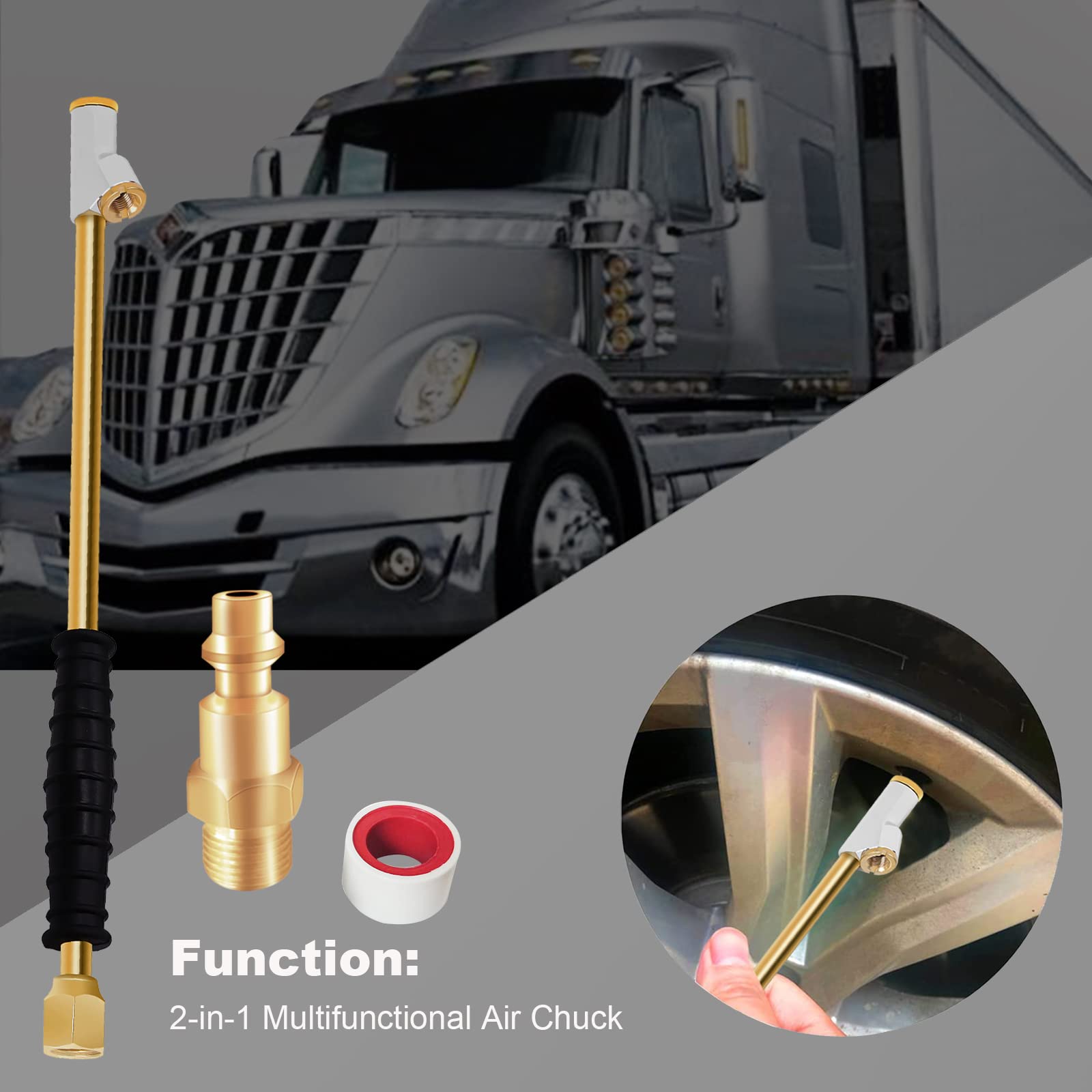 Godeson 1/4' Fnpt Extended Reach Dual Head Air Chuck, 2-Way Connection 11.8' Extended Brass Air Chuck With Rubber Handle,Tire Chuck With Quick Plug For Semi, Rv, Truck Dually Tires