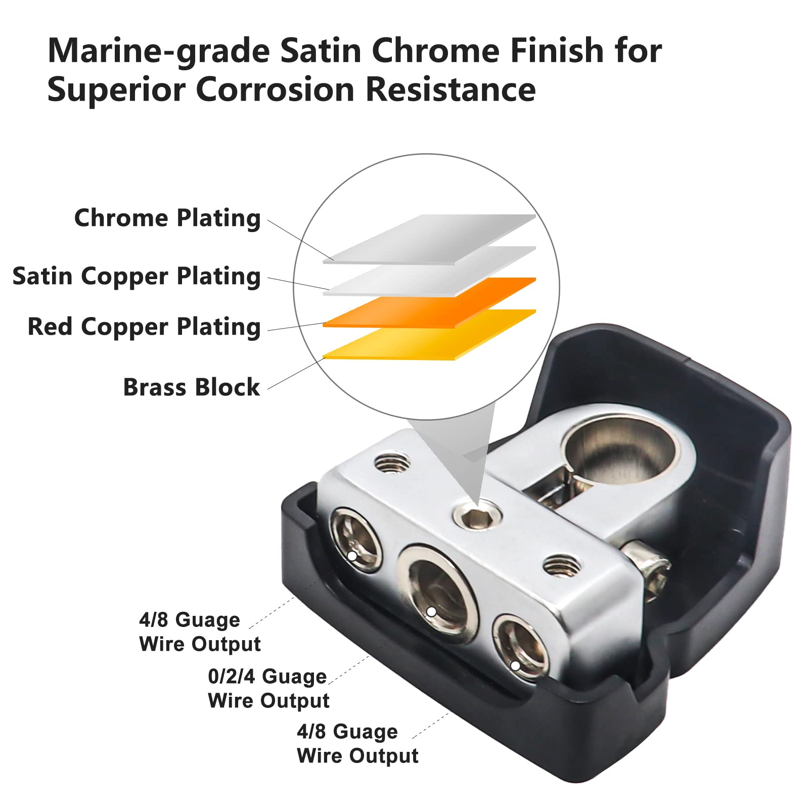 Recoil Pbt-D04 2 Pack Premium Solid Brass Positive Negative Battery Terminals Clamps With One 0/2/4 Gauge Output And Two 4/8 Gau