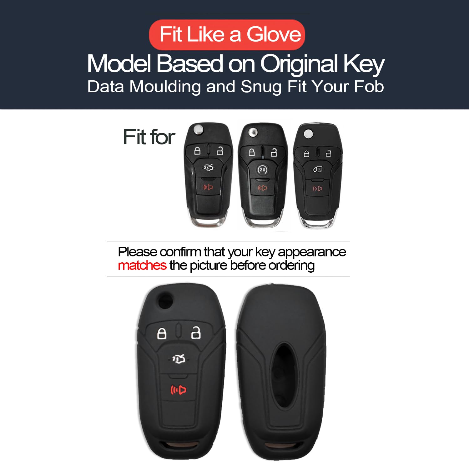 Infipar 2Pcs Compatible With Ford Transit-150 250 350 Hd E-Transit Connect Maverick F-150 Lightning F-250 F-350 F-450 F-550 Super Duty F-650 F-750 Ranger Black Key Fob Cover Case Key Chain Holder