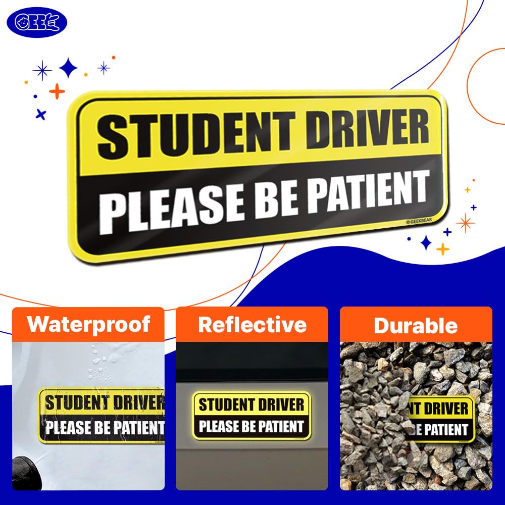 Geekbear Student Driver Car Magnet - Colorful, Reflective, Weather-Resistant - Rectangular 8.7 X 3.5 In (Red/Navy)